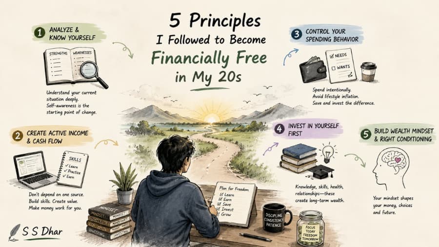 Hand-drawn infographic illustration showing five principles for becoming financially free in your 20s, including self-analysis, active income, spending control, investing in yourself, and wealth mindset, with minimal sketches and the author name S S Dhar.