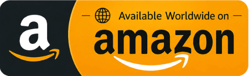 Available worldwide on Amazon banner with Amazon-inspired black and orange branding design