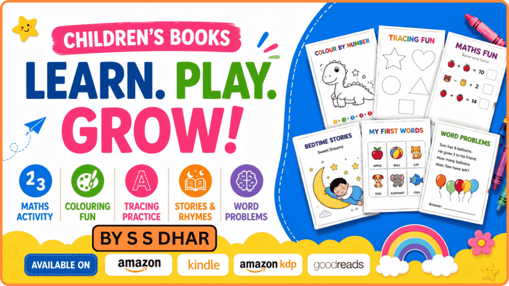 Colorful children’s books banner featuring maths activities, colouring, tracing, stories, rhymes, and word problem books for kids.