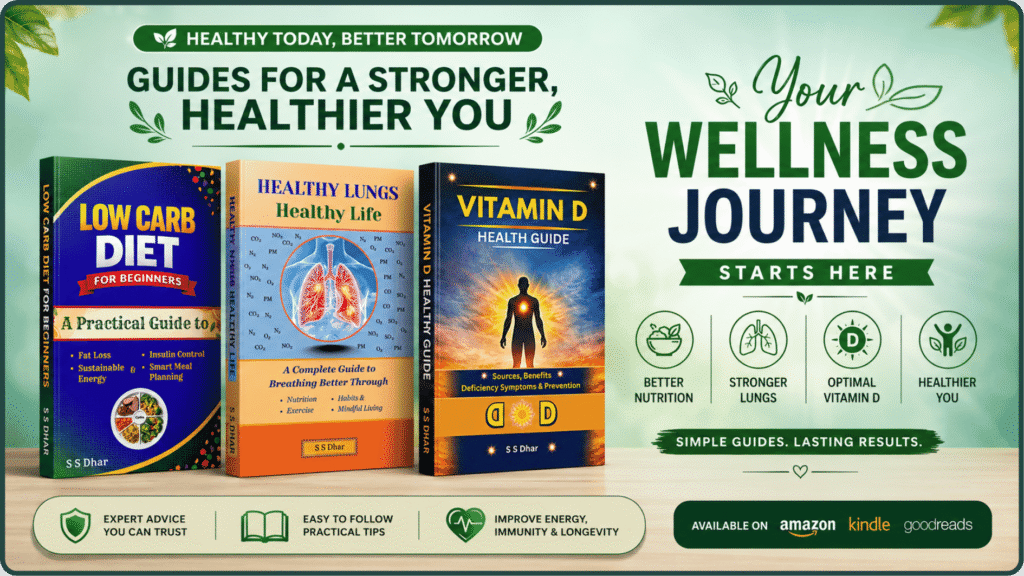 3D mockup of health and wellness books by s s dhar, low carb diet, healthy respiratory books, vitamin d sources and benefits books - all are available on amazon, goodreads, other marketplaces