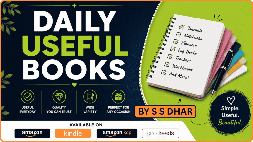 Banner that shows journal writing books, notebook writing book, diary writing books, daily planner books by s s dhar that increases the productuvity and 