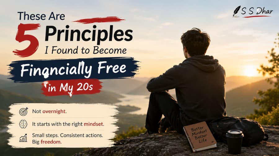Minimalist featured image for an article about becoming financially free in your 20s, showing a thoughtful young person sitting on a mountain viewpoint during sunset with the title “These Are the 5 Principles I Found to Become Financially Free in My 20s” and the author name S S Dhar.