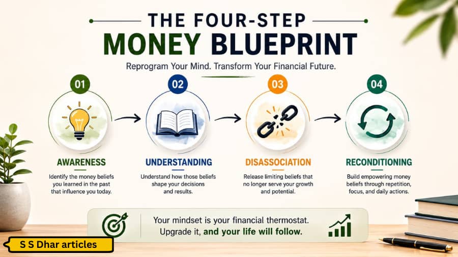 Four-step money blueprint infographic showing awareness, understanding, disassociation, and reconditioning.