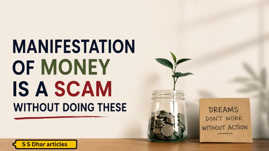 Manifestation of money infographic showing dreams, action, and wealth growth.