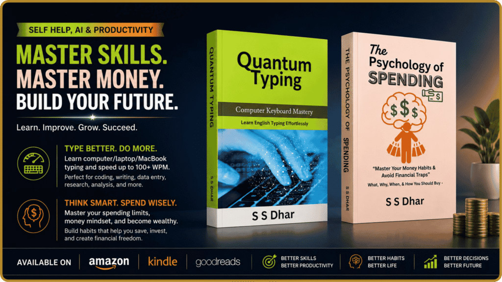 photo shoot of self help, ai and productivity books by s s dhar, mentioning the 3d covers of the psychology of spending, quantum typing.