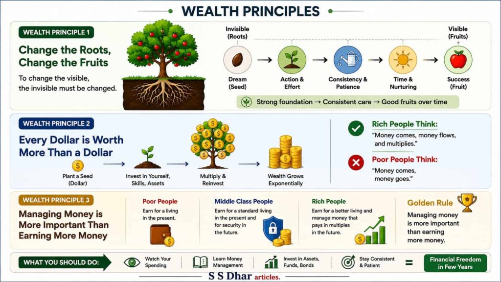Infographic showing wealth principles, money management, investing, and financial freedom concepts.