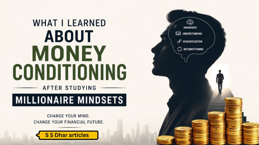 Money conditioning infographic showing mindset transformation and millionaire thinking.