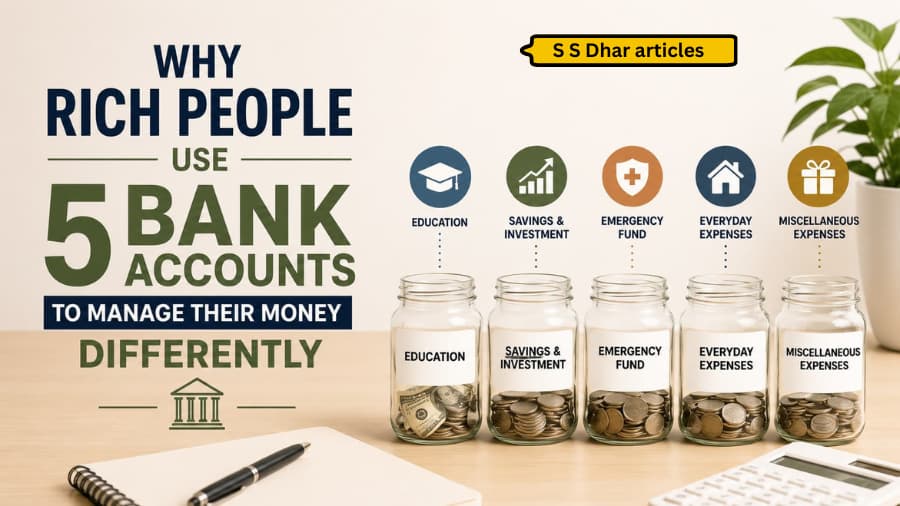 Infographic showing five bank accounts rich people use for money management.