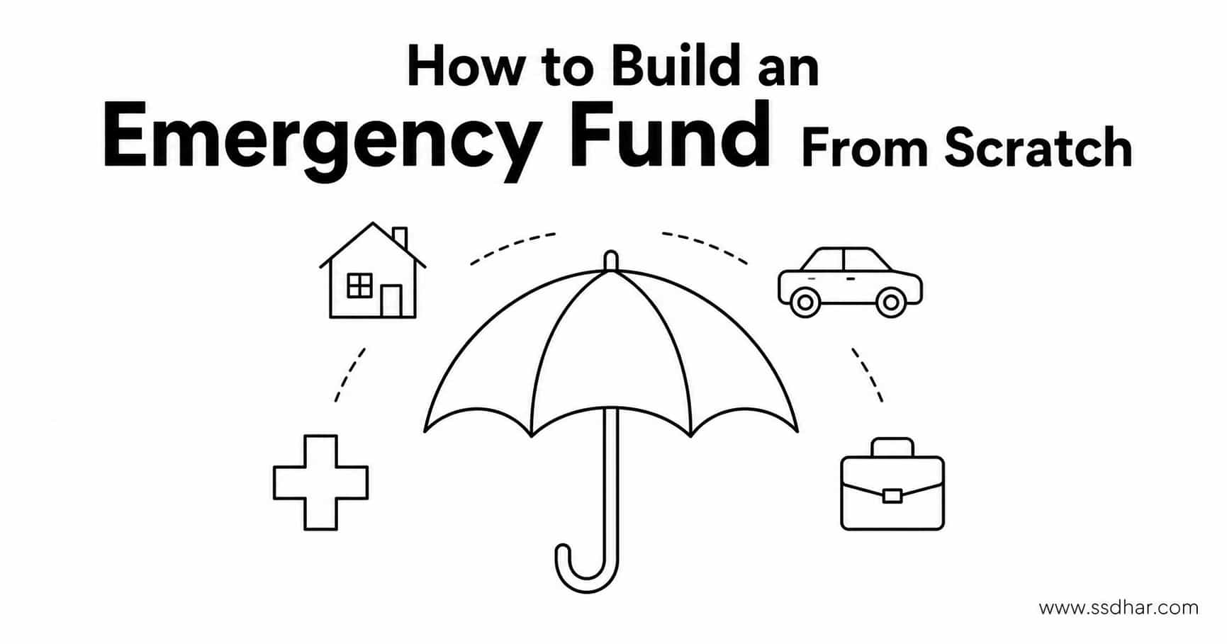 Minimalist line art showing an umbrella protecting against unexpected expenses for an emergency fund.