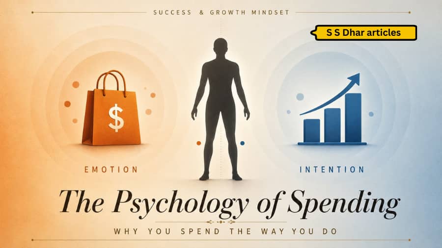 Featured image illustrating the psychology of spending, money habits, emotional spending, and intentional financial decision-making with a central human figure between shopping and investment symbols.
