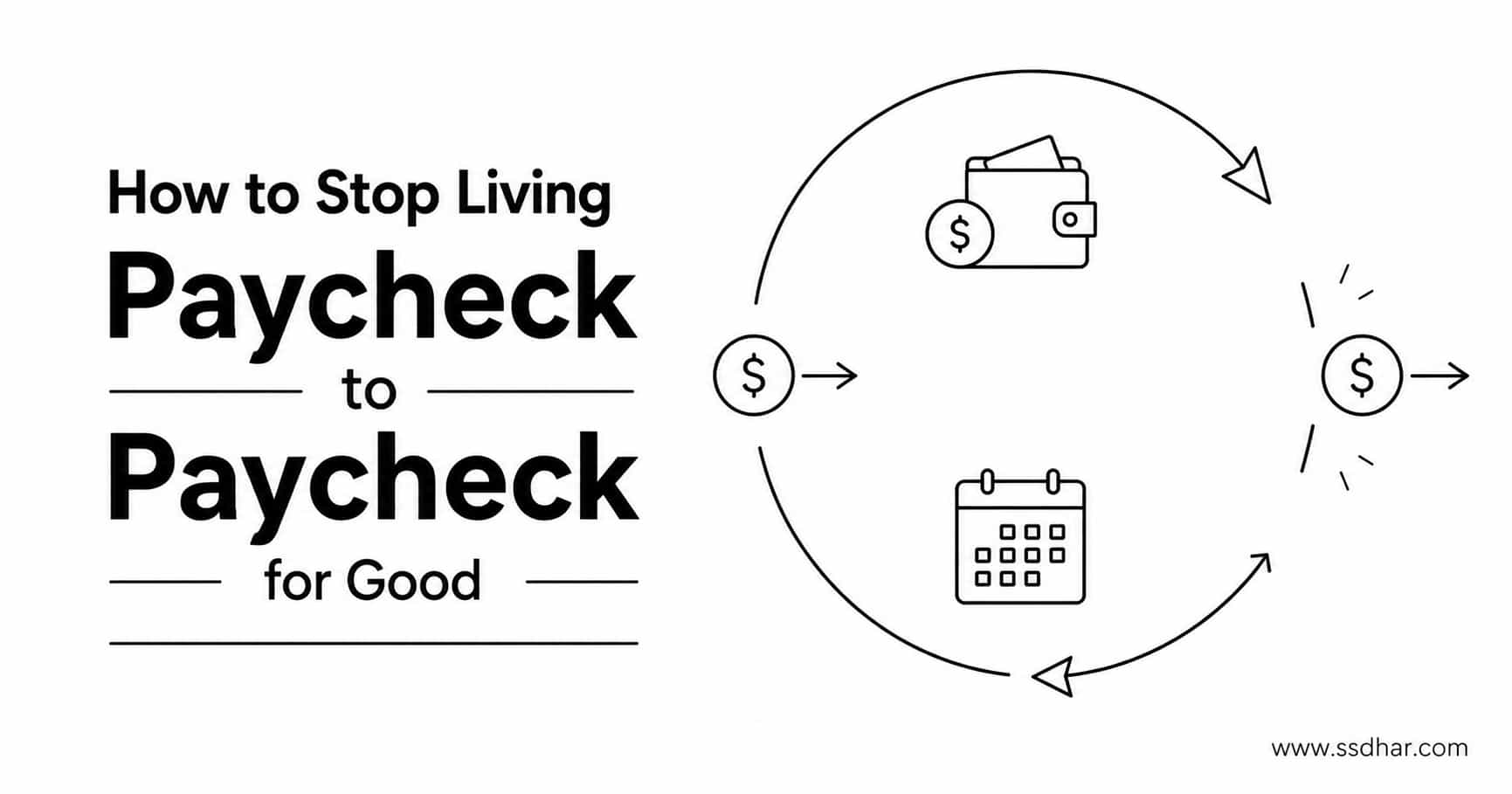 Minimalist line-art illustration showing the paycheck-to-paycheck cycle with a wallet, calendar, and circular arrows.