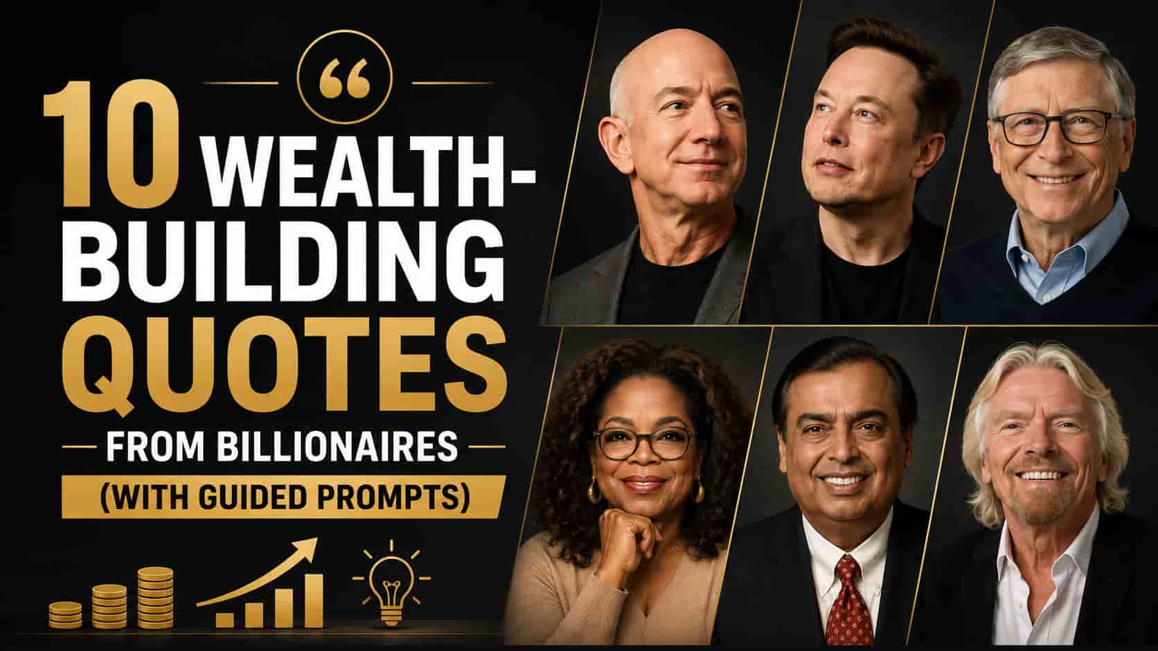 Minimalist featured image for the article "10 Wealth-Building Quotes From Billionaires (With Guided Prompts)" featuring a premium black and gold design with portraits of renowned billionaire entrepreneurs and business leaders.