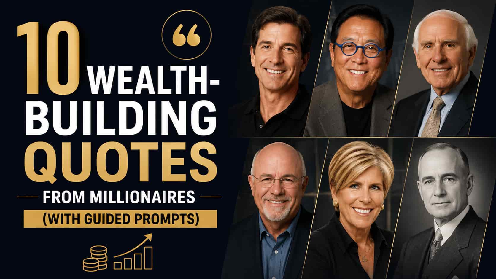 Minimalist featured image for the article "10 Wealth-Building Quotes From Millionaires (With Guided Prompts)" featuring a black and gold design with portraits of renowned wealth experts and entrepreneurs.