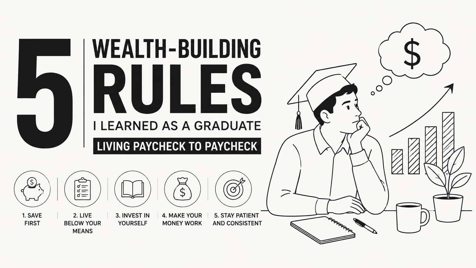 Minimalist black-and-white line art featured image illustrating a graduate learning wealth-building rules while living paycheck to paycheck, with financial growth icons and clean typography.