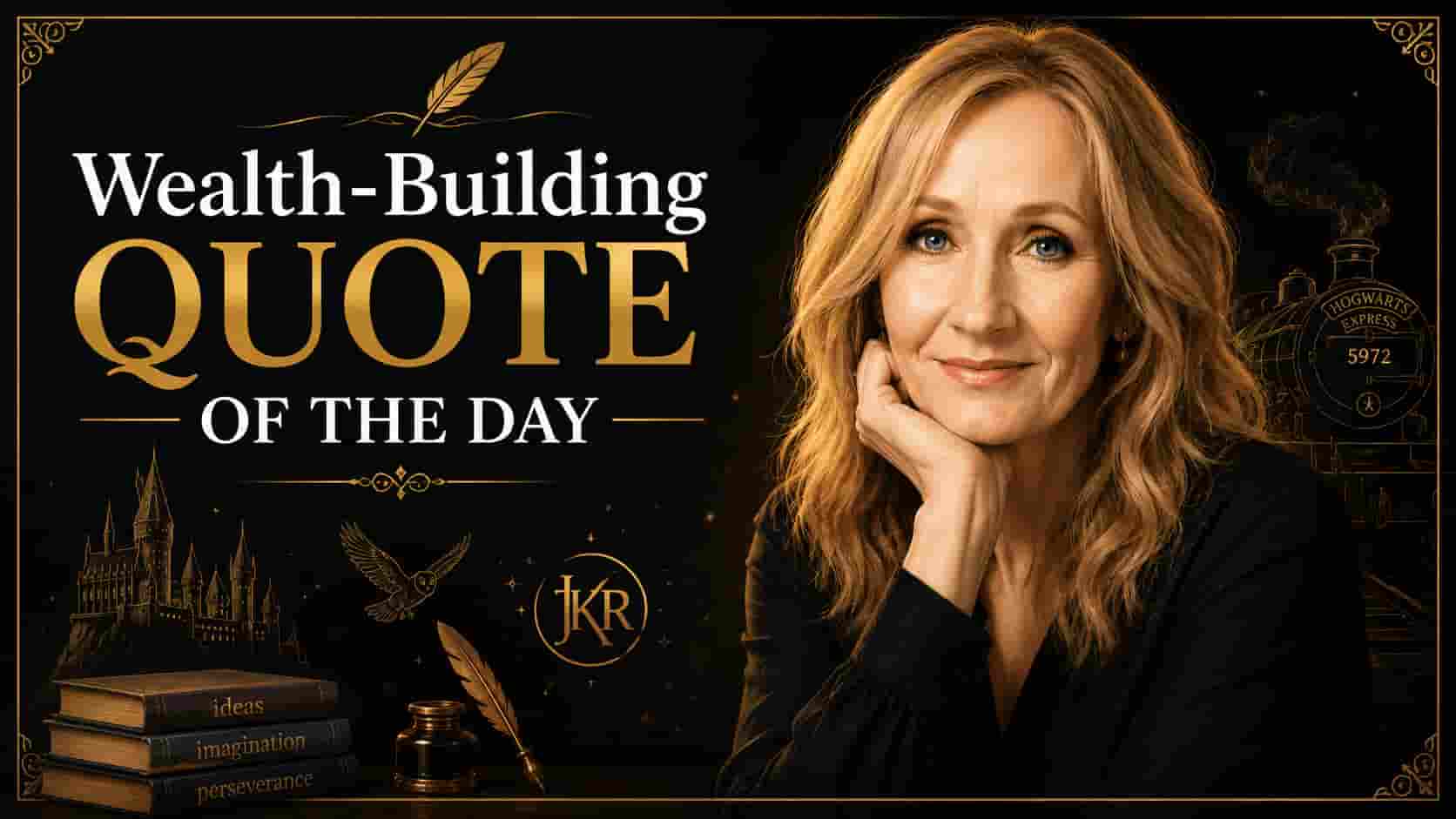 Illustrated portrait of J.K. Rowling with the title "Wealth-Building Quote of the Day" on a premium black and gold literary-themed background representing creativity, perseverance, and success.
