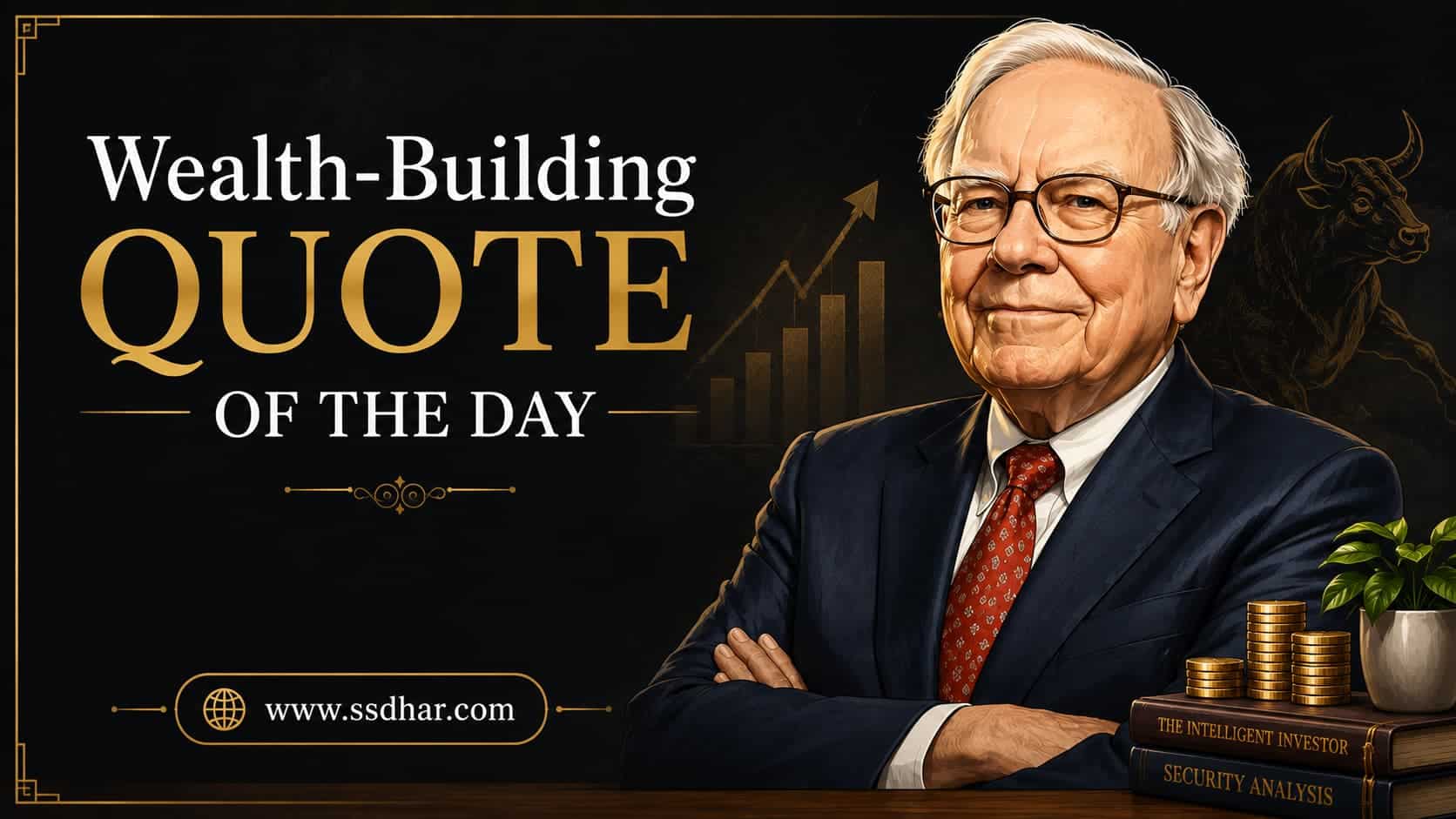 Illustrated portrait of Warren Buffett with the title "Wealth-Building Quote of the Day" on a black and gold financial-themed background featuring the website www.ssdhar.com