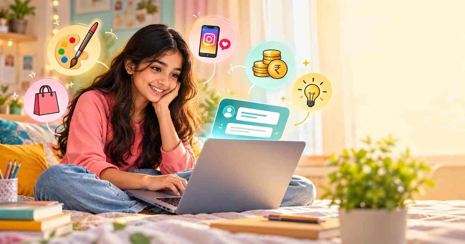 South Asian teenage girl using a laptop for ChatGPT prompts while creative interests and money-making ideas