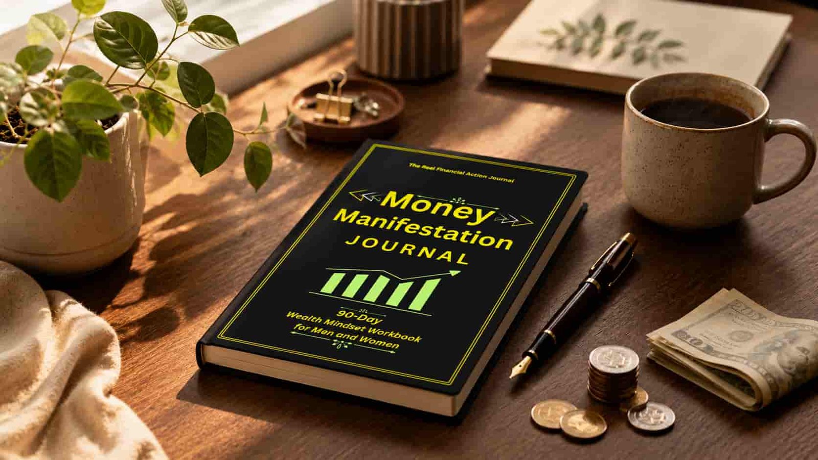 Warm minimalist desk scene featuring the Money Manifestation Journal lying beside a fountain pen, steaming coffee mug, leafy plant, coins, and folded currency on a sunlit wooden table, conveying intentional financial reflection and quiet prosperity