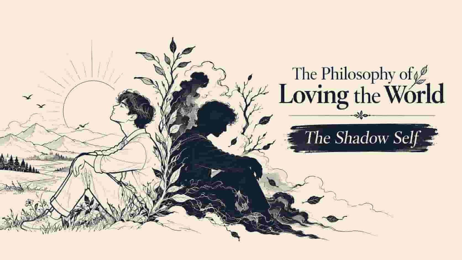 The Philosophy of Loving the World – The Shadow Self, minimalist navy vector line art depicting two contrasting versions of a seated man, representing his conscious self and hidden shadow, surrounded by branches, leaves, mountains, and a rising sun.
