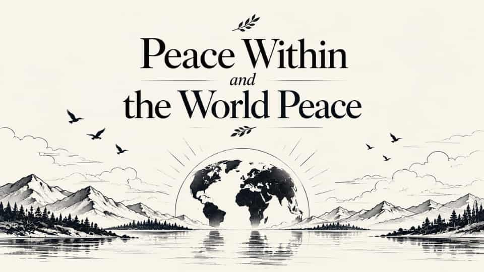 Peace Within and the World Peace — minimalist black-and-white line-art illustration featuring elegant serif typography above a globe rising over calm water, surrounded by mountains, forests, clouds, and flying birds, symbolizing inner peace, global harmony, and unity.
