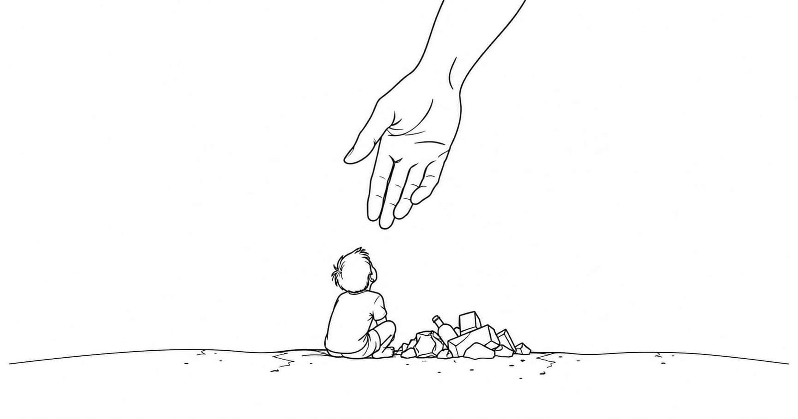 A minimalist black-and-white line illustration of a child sitting beside discarded waste, looking toward an outstretched hand, symbolizing compassion and the barest means of survival.