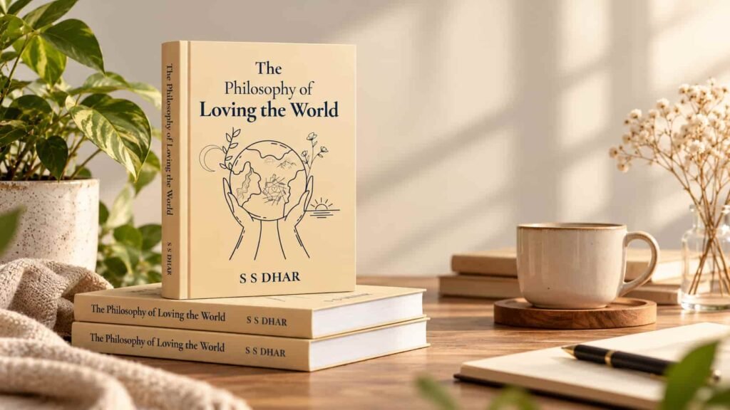 The Philosophy of Loving the World by S S Dhar, displayed as a beige hardcover book mockup on a wooden desk with warm sunlight, a ceramic mug, notebooks, and subtle botanical decor.
