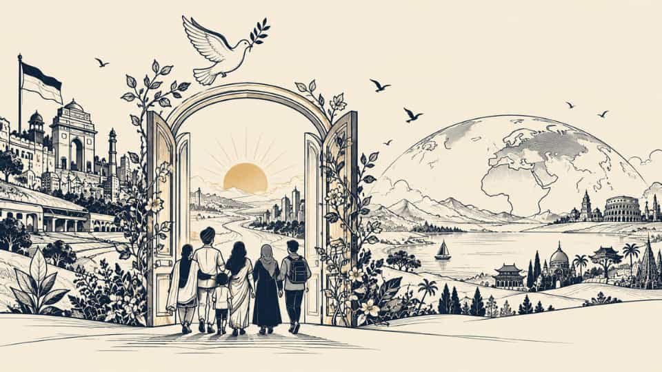 Borders as Doorways: Love for the Nation — minimalist navy line-art illustration of an open, vine-covered gateway connecting India and the wider world, with people walking together toward a rising sun, a dove carrying an olive branch, and a globe symbolizing peace, abundance, unity, and integrity.