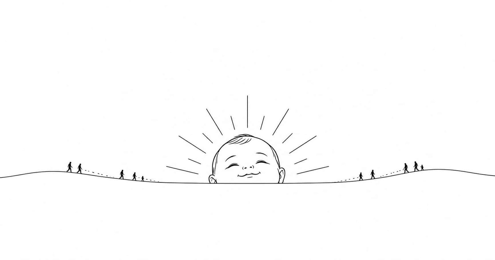 Waiting on the Horizon — minimalist black-and-white line art of a smiling baby's face rising like the sun above a quiet horizon, with tiny distant figures walking toward the center, symbolizing hope, new beginnings, and the anticipation of life.